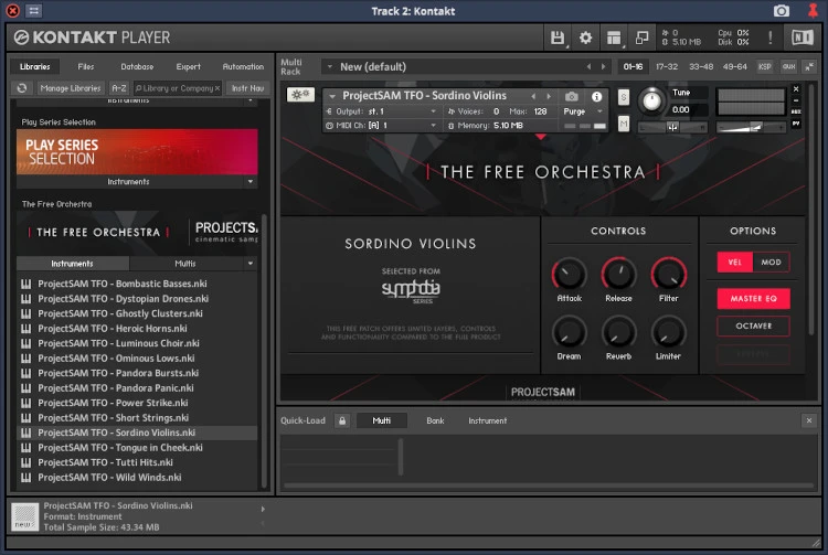 An image showing the ProjectSAM Sordino Violins VST interface