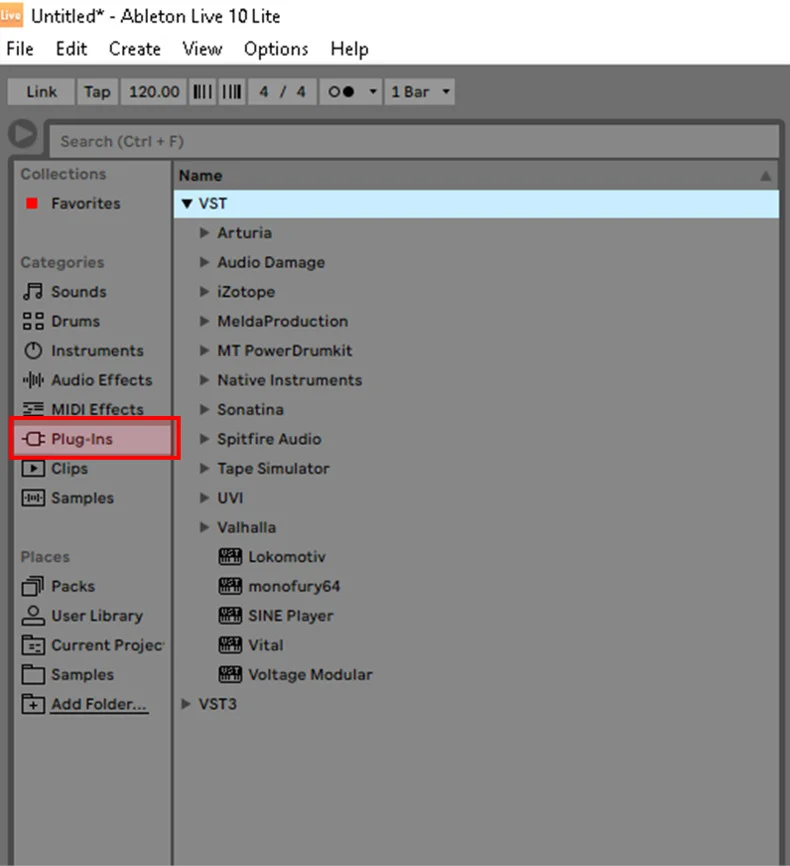 An image showing the "Plug-Ins" menu in the browser of Ableton Live