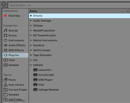 The plugin folder in ableton live