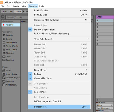 How to open the "preferences" menu in Ableton Live