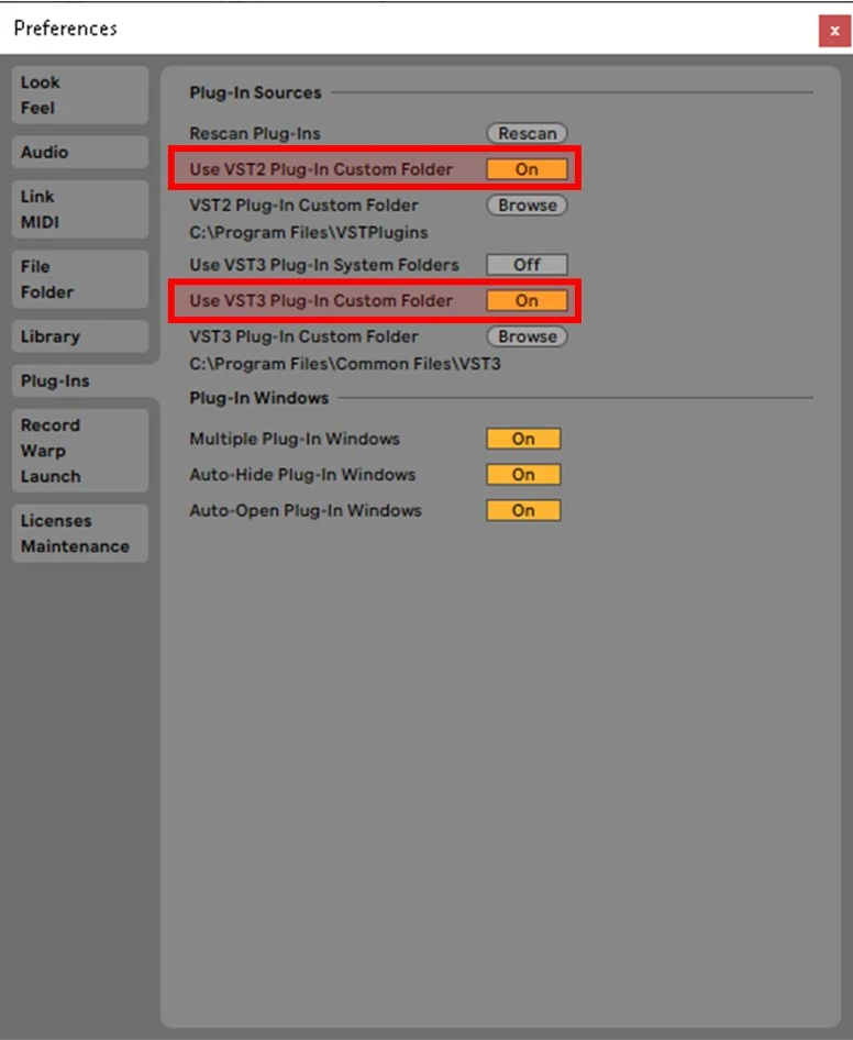 How to turn on custom plugin folder in Ableton Live