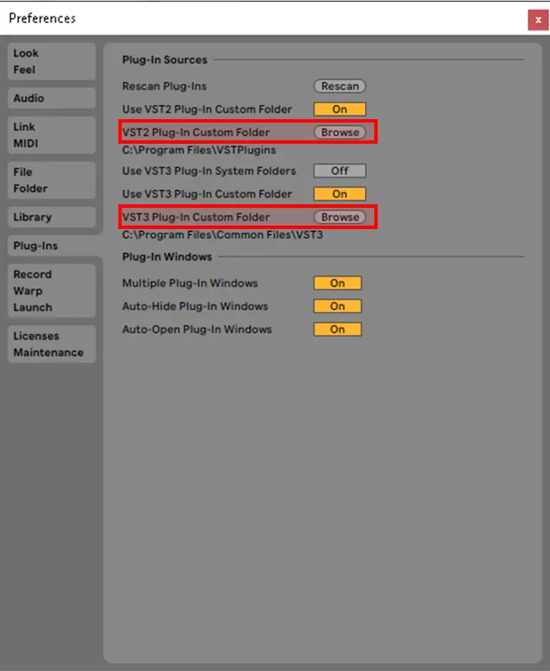 How to "browse" and select the file path for VST2 and VST3 plugins